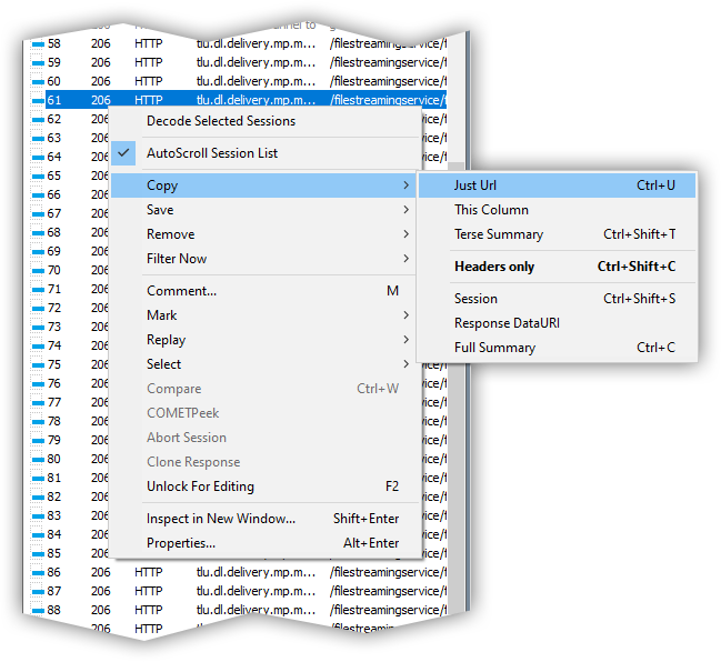 Fiddler - sessions list menu